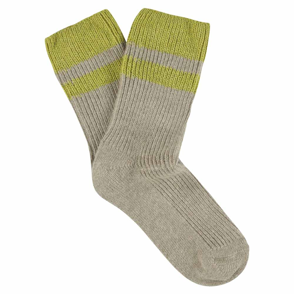 Escuyer women's striped cashmere socks in Beige and Green — mid-calf crew cut, premium cashmere and virgin wool blend, handmade in Portugal