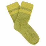 Escuyer women's striped cashmere socks in Green Grey and Yellow — mid-calf crew cut, premium cashmere and virgin wool blend, handmade in Portugal
