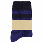Close-up of Escuyer Strong Blue / Navy women's striped cashmere socks — 10% cashmere, 38% virgin wool, GRS certified recycled polyamide