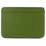 Slim jungle green leather cardholder by Escuyer, showing hand painted edges and card slots