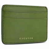 Interior view of Escuyer jungle green leather cardholder — centre bill section and card pockets