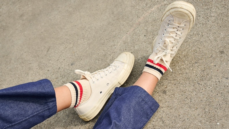 Close-up of Escuyer Women Striped Ankle Socks Ecru / Blue / Orange — retro stripe detail at the cuff