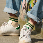 Man wearing Escuyer Men Striped Ankle Socks Blue / Blue with loafers — understated tonal style