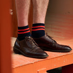 Man wearing Escuyer Men Striped Ankle Socks Green / Ecru with brown loafers — natural smart-casual style