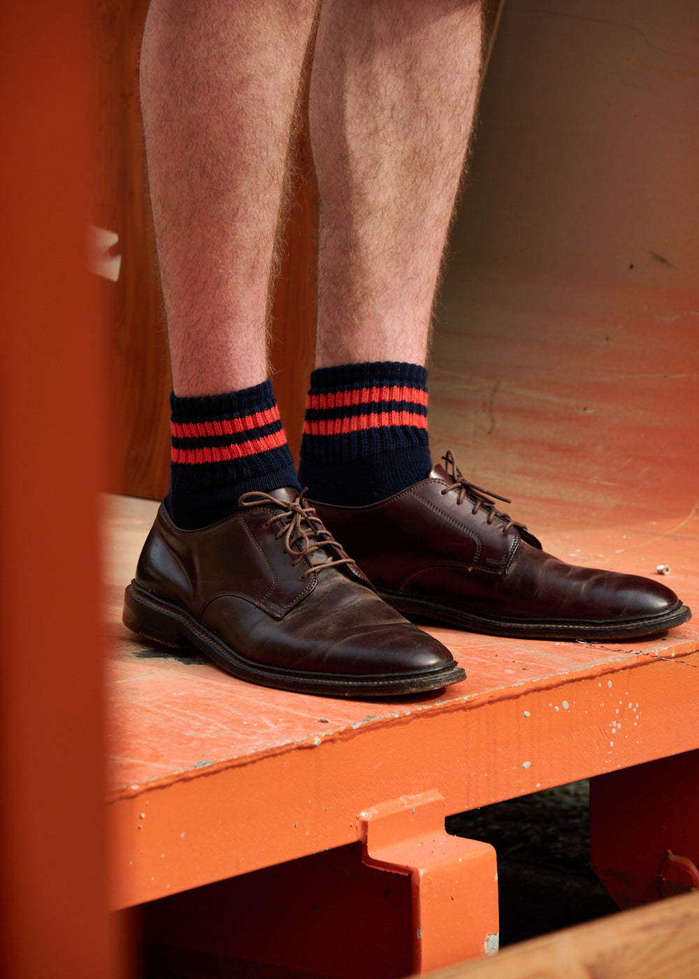 Man wearing Escuyer Men Striped Ankle Socks Khaki / Ecru with brown loafers — versatile everyday style