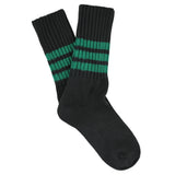 Women's striped crew socks in off black and green, slub cotton, made in Portugal by Escuyer