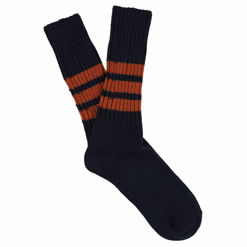 Men's striped crew socks in blue and rust, slub cotton, made in Portugal by Escuyer