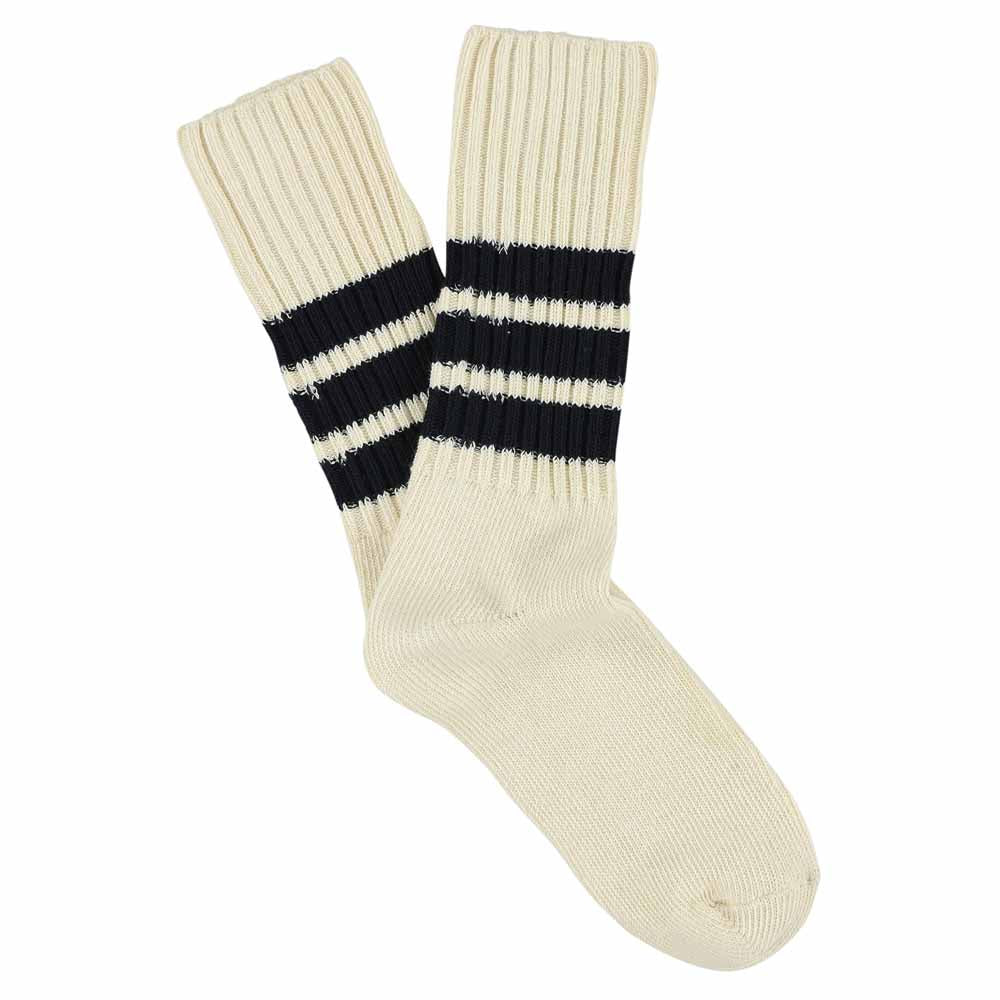 Men's striped crew socks in ecru and blue, slub cotton, made in Portugal by Escuyer