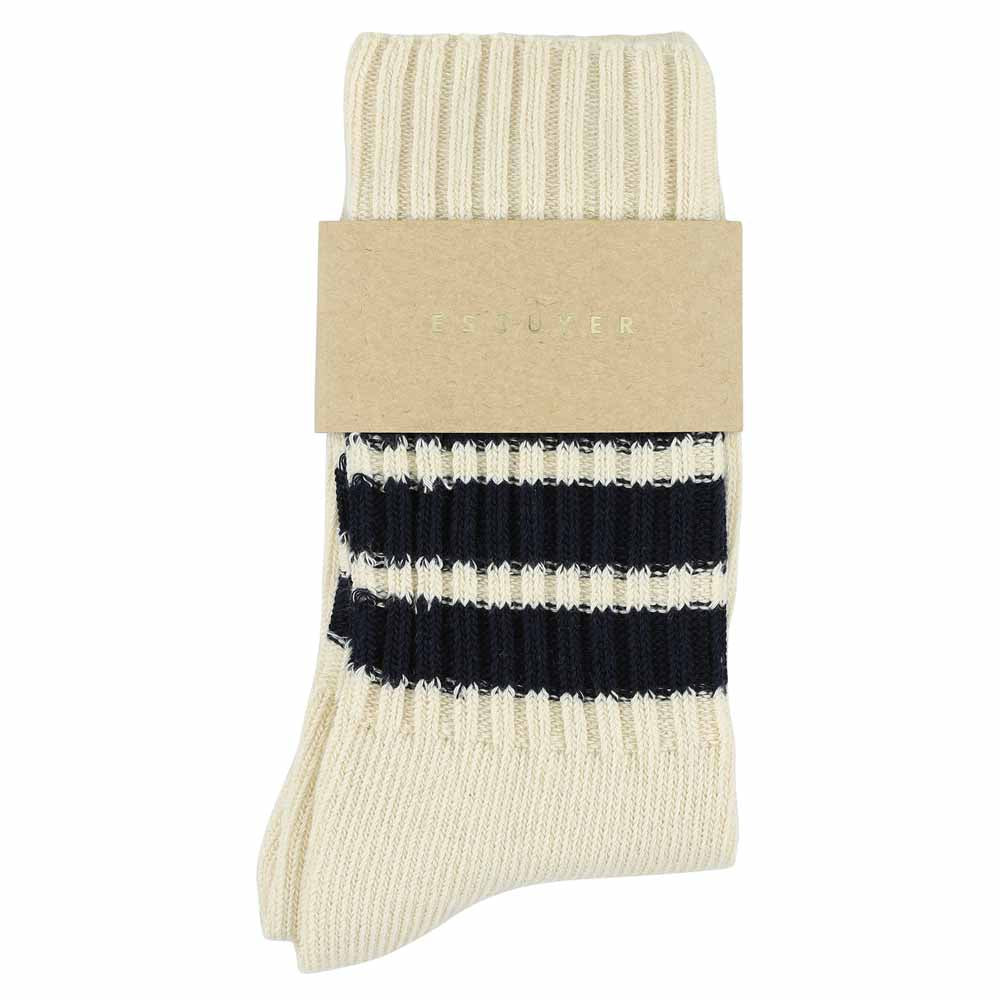 Women's striped crew socks in ecru and blue, slub cotton, made in Portugal by Escuyer