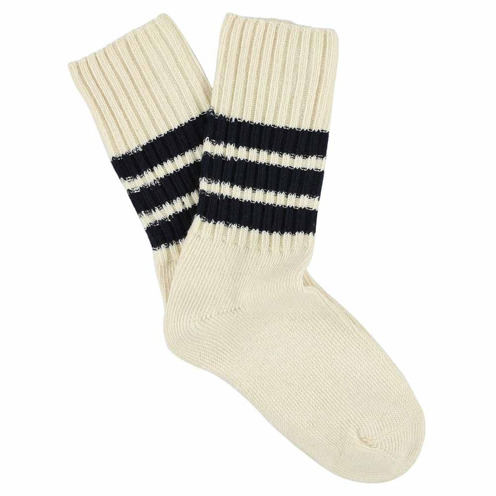 Women's striped crew socks in ecru and blue, slub cotton, made in Portugal by Escuyer