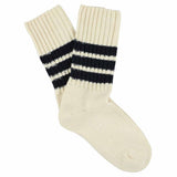 Women's striped crew socks in ecru and blue, slub cotton, made in Portugal by Escuyer