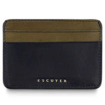 Escuyer leather cardholder in blue and khaki — blue front body, khaki card pockets and back
