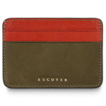 Escuyer leather cardholder in khaki and orange — khaki front body, orange card pockets and back