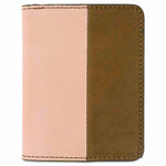 Escuyer pink and safari slim wallet — vertical colour-block exterior, pink left half, safari right half