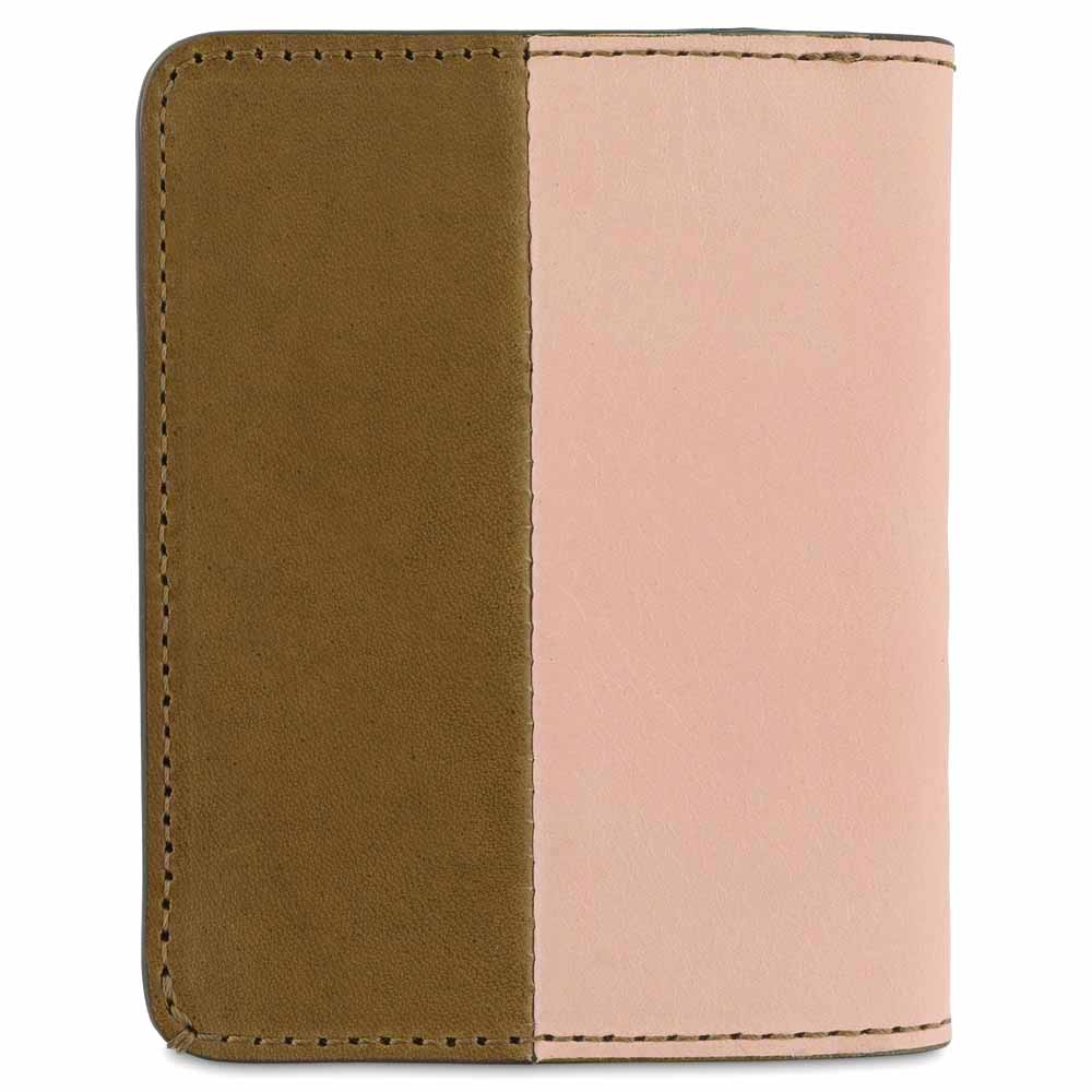 Escuyer pink and safari slim wallet showing vertical colour-block split and slim profile