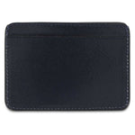 Slim blue leather cardholder by Escuyer, showing hand painted edges and card slots