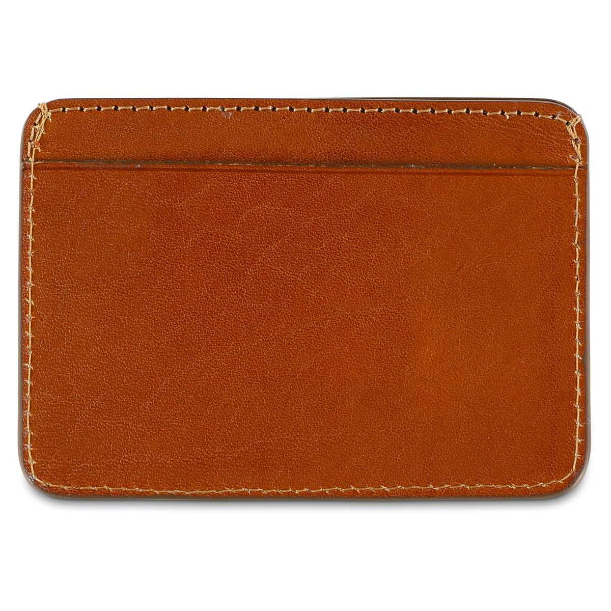 Slim cognac leather cardholder by Escuyer, showing hand painted edges and card slots