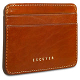 Interior view of Escuyer cognac leather cardholder — centre bill section and card pockets