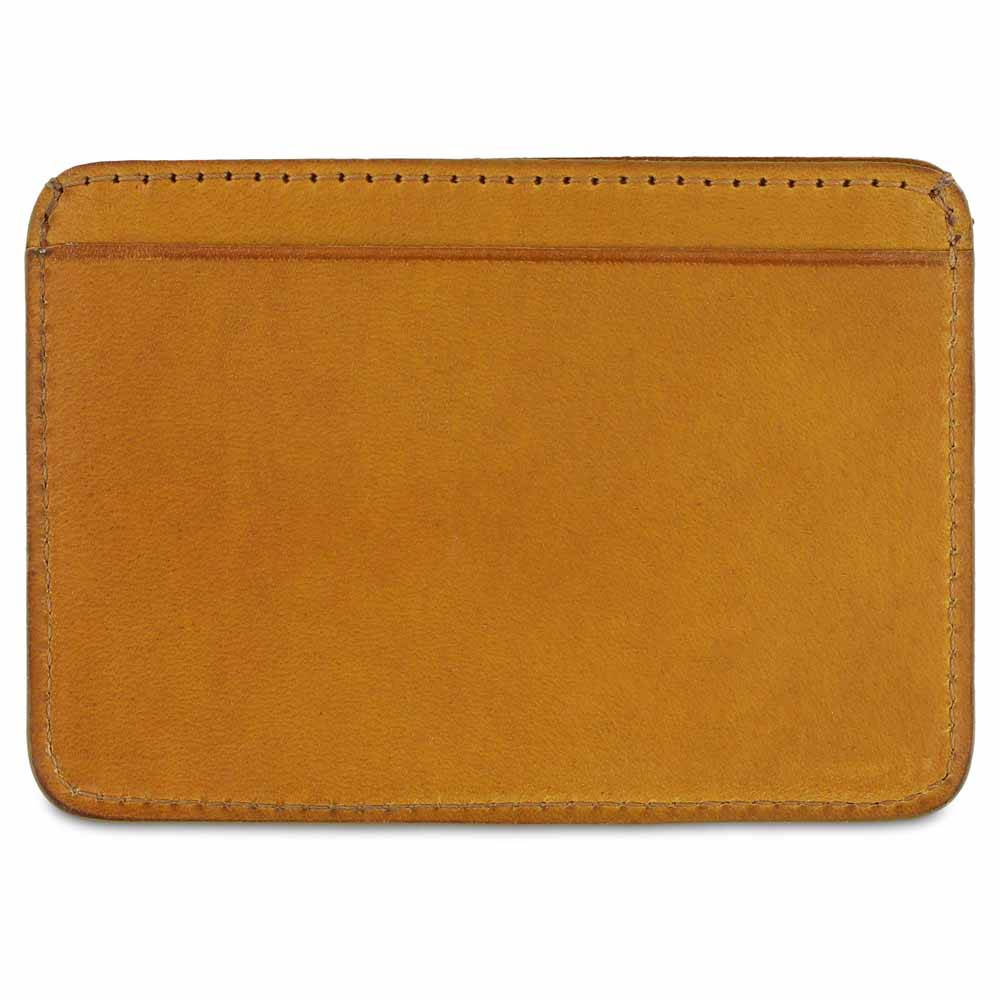 Slim yellow leather cardholder by Escuyer, showing hand painted edges and card slots