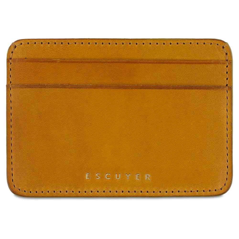 Escuyer yellow leather cardholder — handmade vegetable tanned leather card case, front view