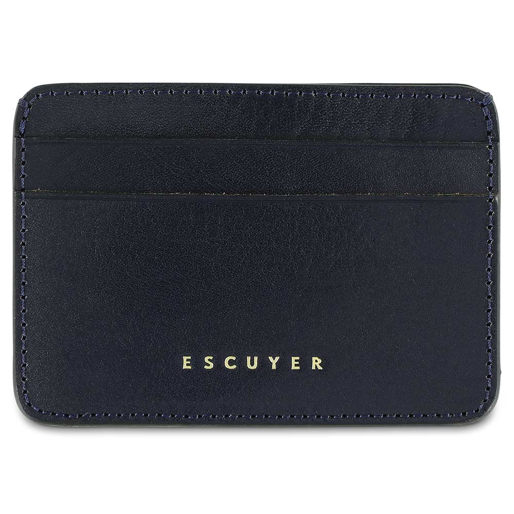 Escuyer blue leather cardholder — handmade vegetable tanned leather card case, front view