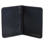 Escuyer blue slim wallet showing bill sleeve in natural leather interior