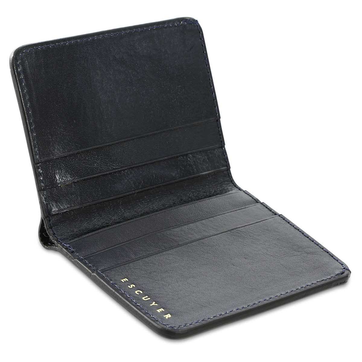 Escuyer blue slim wallet open — 6 card slots in natural leather interior