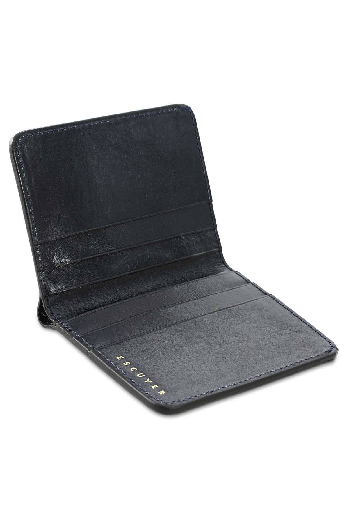 Escuyer blue slim wallet open — 6 card slots in natural leather interior