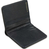 Escuyer blue slim wallet showing slim profile and hand painted edges