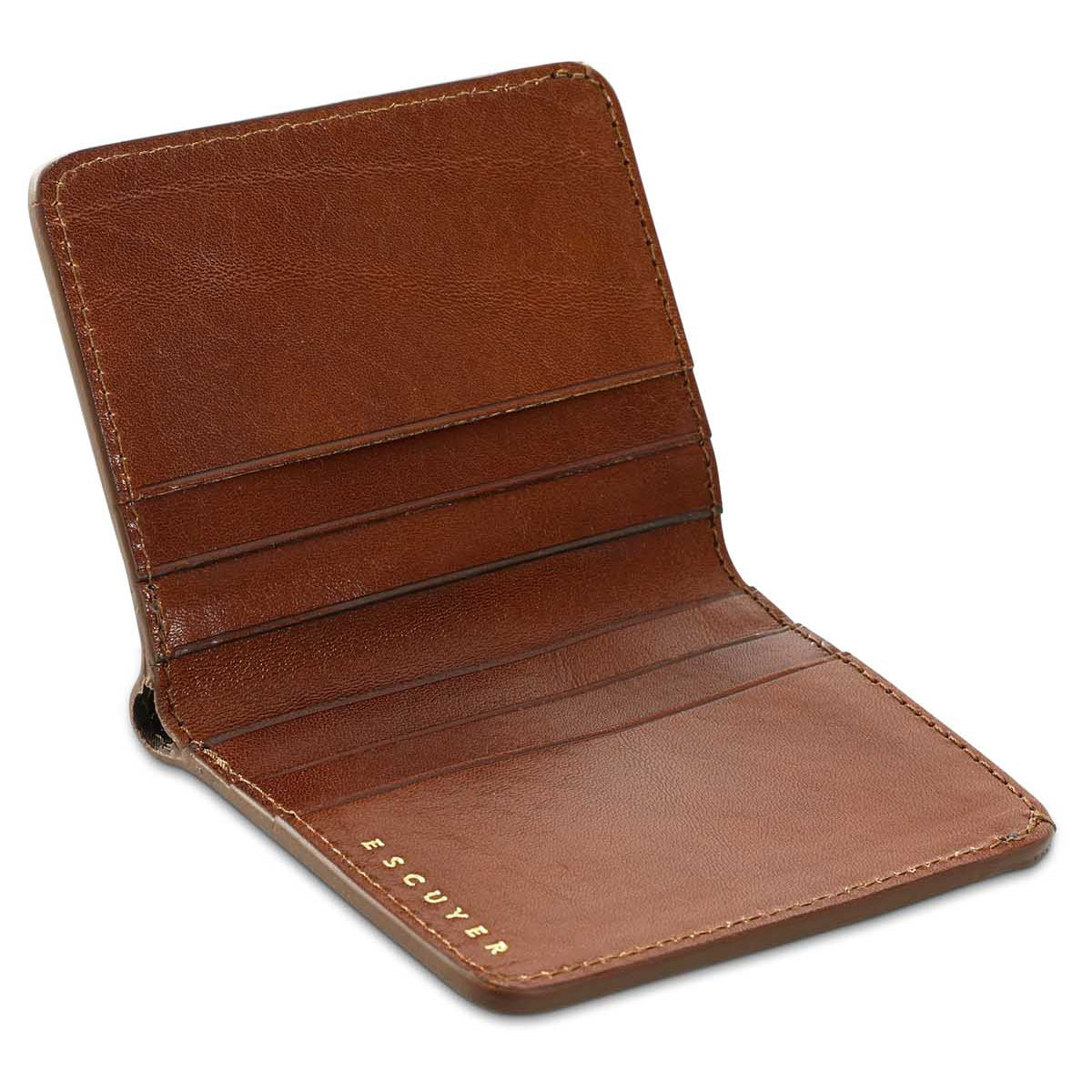 Escuyer light brown slim wallet open — 6 card slots in natural leather interior