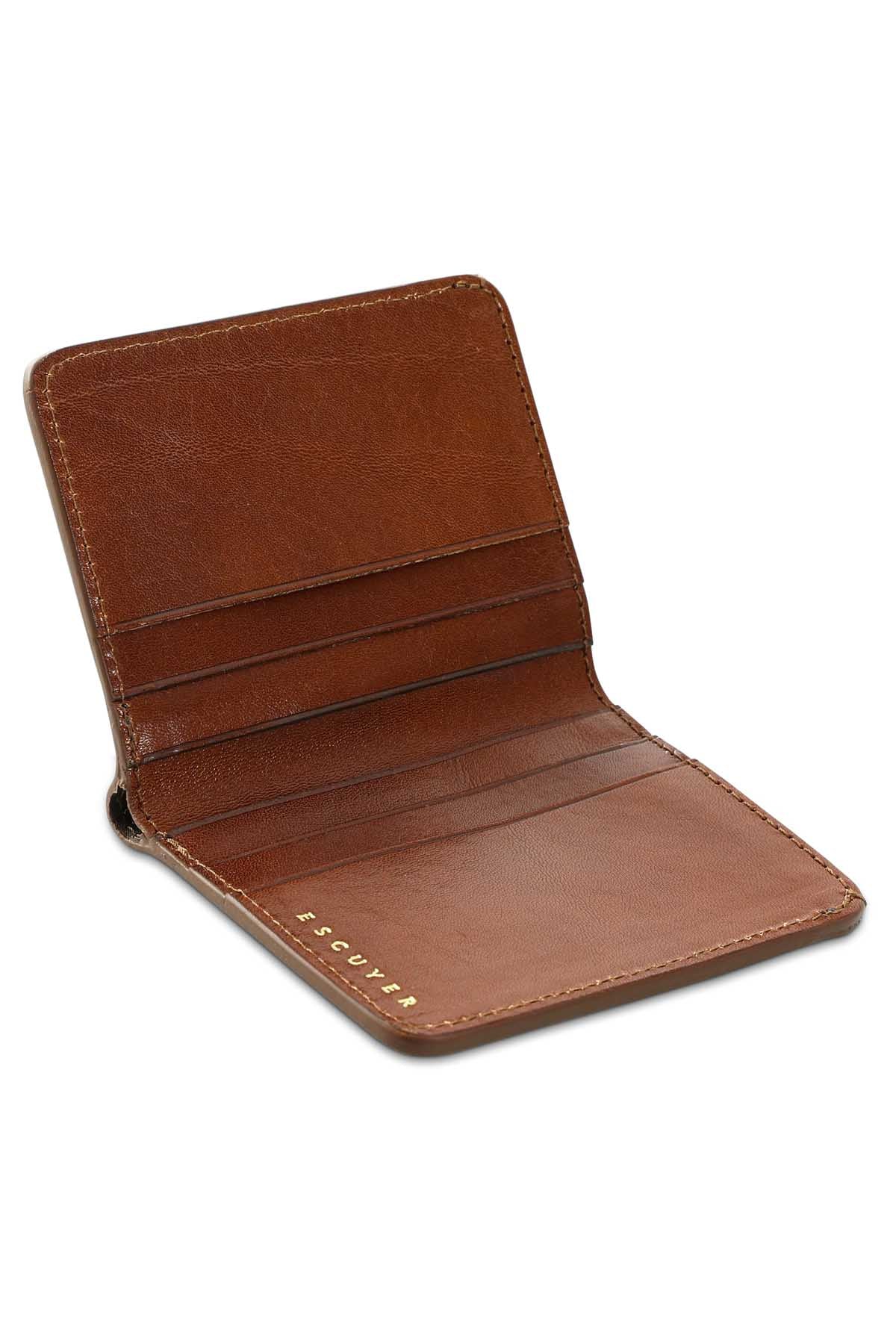 Escuyer light brown slim wallet open — 6 card slots in natural leather interior