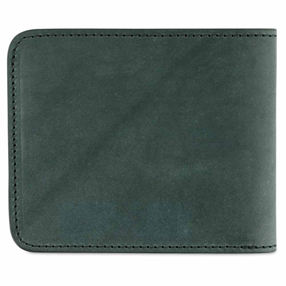 Escuyer green and cognac billfold wallet — detail showing exterior green leather and cognac interior contrast