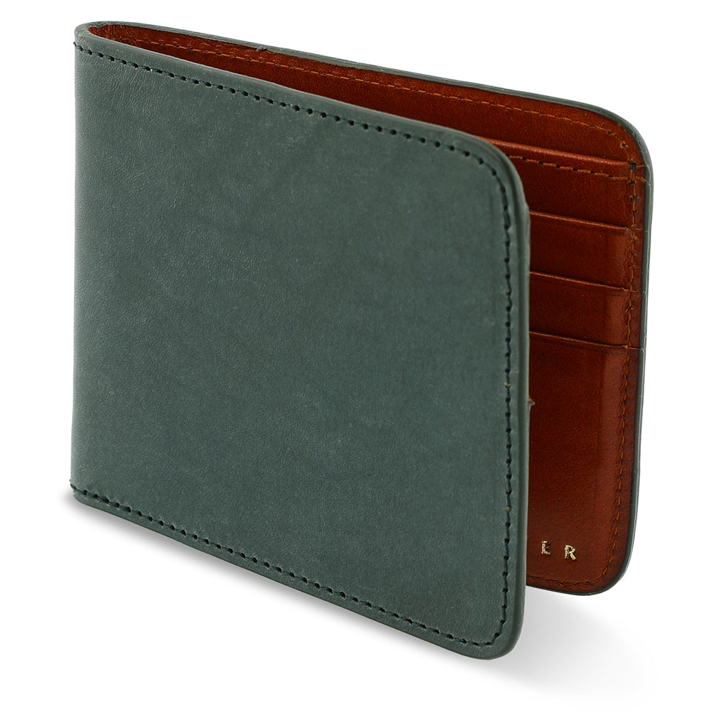 Escuyer green billfold wallet — Italian vegetable tanned leather exterior, front view