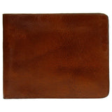Escuyer light brown and orange billfold wallet open — orange leather interior with 6 card slots and 2 receipt pockets
