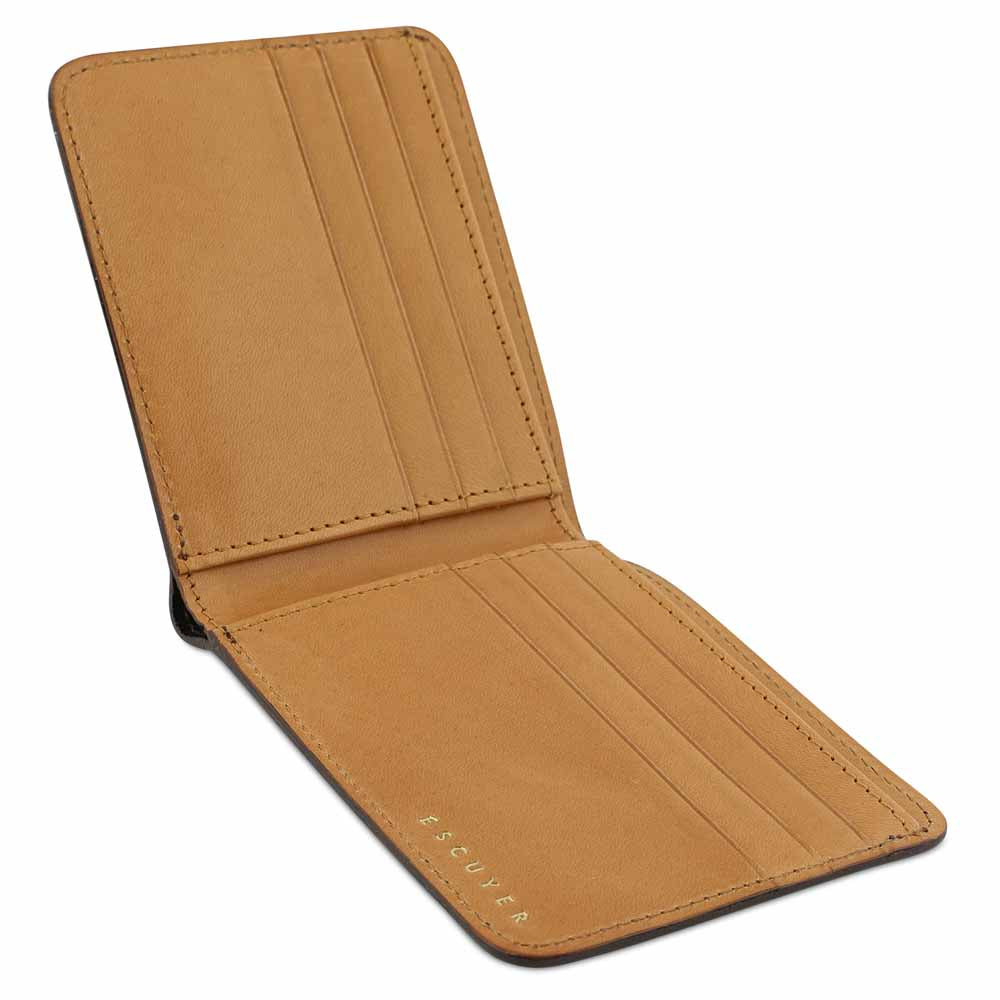 Escuyer khaki and natural billfold wallet showing bill sleeve in natural leather interior
