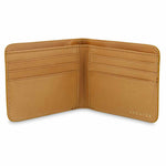 Escuyer mustard and natural billfold wallet showing bill sleeve in natural leather interior